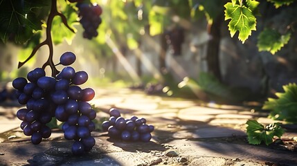 Poster - A cluster of grapes on a vine, their shadows dappling the sunlit ground below
