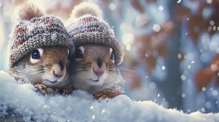 Wall Mural - adorable squirrels in cozy knitted hats snowy winter wonderland digital art
