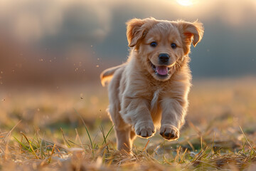 Wall Mural - Playful puppy running on a grassy field