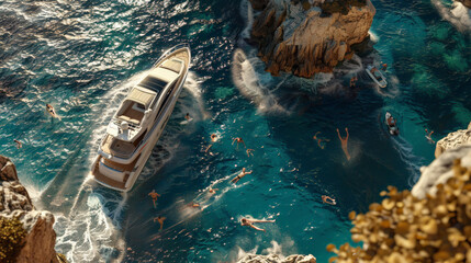 Sticker - Aerial view of yacht out of the water with people swimming and living life, splashing, set against the backdrop of a deep blue ocean.