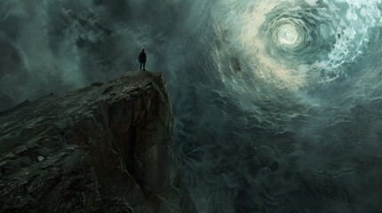 Poster - Man on a cliff looking at a swirling vortex in the sky