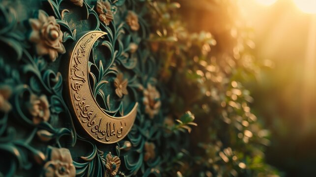 Eid ul Adha Mubarak accompanied by a simple crescent moon and delicate floral elements