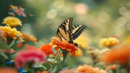 Wall Mural - Butterfly in the foreground, with a bird flying gracefully over a garden filled with bright and colorful flowers