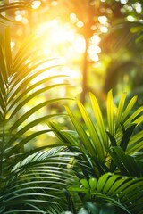 Wall Mural - Tropical beach with green palm leaf on bokeh sunlit wave abstract background for serene atmospheres