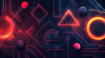 Wall Mural - black background with neon geometric shapes, copy space