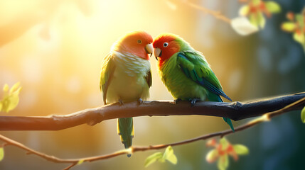 Two colorful love birds sitting on a branch and kissing