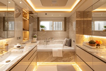 Poster - Modern bathroom with marble surfaces and luxurious fittings, featuring a spacious shower area and contemporary decor, creating a high end and relaxing environment