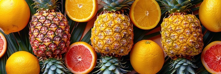 Wall Mural - Three pineapples and three oranges are displayed on a table