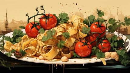 Sticker - Pasta and tomatoes with garlic and basil. Textured