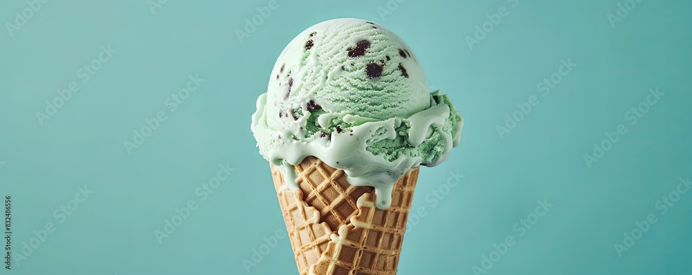 Mint chocolate chip ice cream in a waffle cone against a pastel blue ...