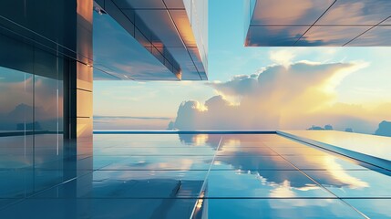 Wall Mural - Modern architecture with glass windows reflecting sky and clouds
