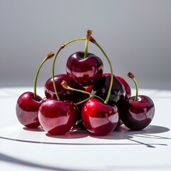 Sticker - AI-generated illustration of A heap of fresh cherries on white plate