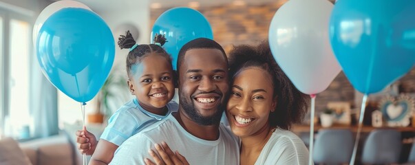 family celebrating a debt-free milestone, holding signs and balloons.