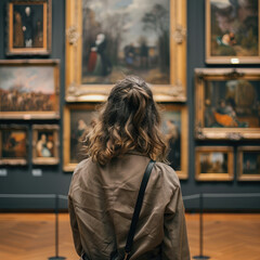 Back portrait of an adult woman looking at museum paintings in an old museum art gallery