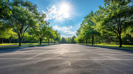 Empty parking lot with trees on a sunny summer day