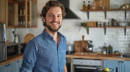 happy man in blue shirt standing in modern kitchen smiling male portrait domestic lifestyle photo