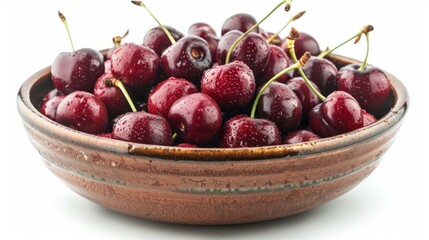 Wall Mural - Fresh cherry berries in a bowl on a white background. The concept of a healthy diet and support for local producers. Close-up.