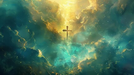 luminous cross breaking through clouds heavenly light tranquil skyblue and resplendent golden hues digital painting