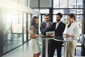 Poster - People, business and tablet in office with collaboration, meeting and agenda for company project. Financial analyst, corporate and technology with teamwork, strategy and planning for investment deal