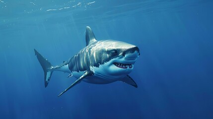 Wall Mural - majestic great white shark powerful underwater predator deep blue ocean realistic 3d rendering