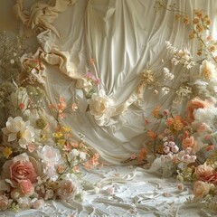 Poster - A white curtain hangs in front of a wall of flowers