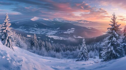 Wall Mural - majestic winter landscape in carpathian mountains of ukraine snowy peaks and forests panoramic photography