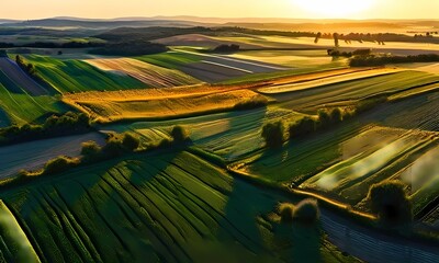 Wall Mural - Drone shot capturing a vibrant green farm paddock sophisticated irrigation system, Ai Generated