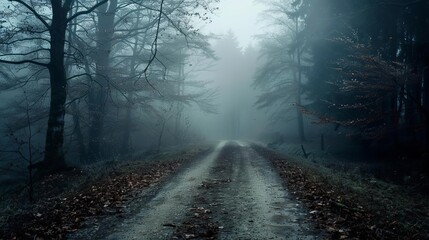 Wall Mural - mysterious foggy forest road sparking curiosity and wonder atmospheric landscape photograph
