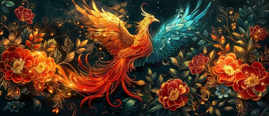 Wall Mural - A colorful phoenix with red, orange, and blue feathers, flying among detailed floral designs.