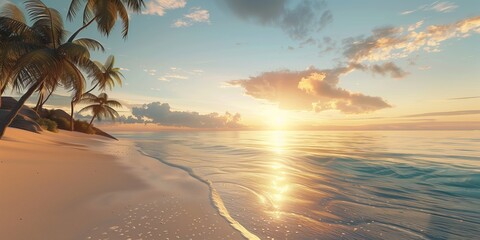 Wall Mural - Tropical beach at sunrise with palm trees, soft golden light, calm waves, serene and tranquil atmosphere