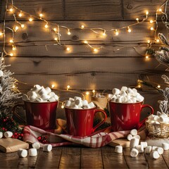 Aufkleber - Three red cups filled with marshmallows on a wooden table