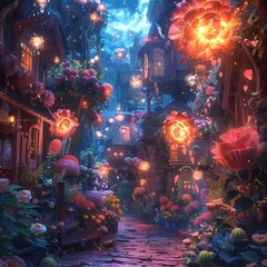 Aufkleber - A colorful, flowery city street with houses and buildings lit up with lights