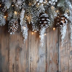 Poster - A wooden background with a tree branch with pine cones on it