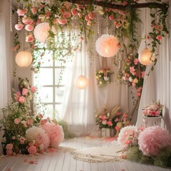 Poster - A room with a white curtain and pink flowers hanging from the ceiling