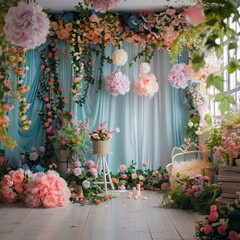 Aufkleber - A room with a blue curtain and a floral arrangement with pink and orange flowers
