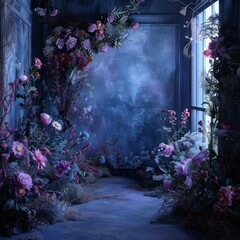 Aufkleber - A room with a blue wall and a floral arrangement