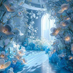 Poster - A blue and white flower arrangement with a blue archway