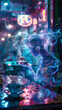 © Framefap - Typography Art: Ethereal Figure Levitating Teacup in Neon-Drenched Nightlife Scene