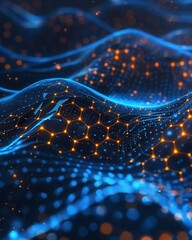 Abstract blue background hexagon network technology with waves orange