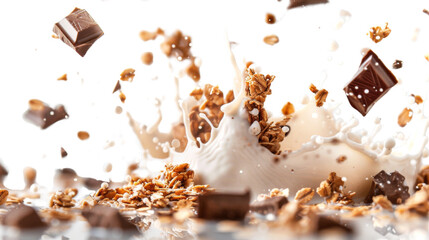 Falling oat granola with milk splash and chocolate