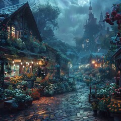 Aufkleber - A dark and mysterious city street with a large moon in the sky