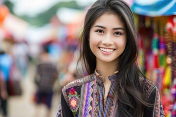 Wall Mural - A woman with long black hair is smiling in front of a colorful market