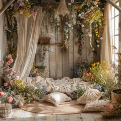 Aufkleber - A room with a floral theme, featuring a bed with pillows and a blanket