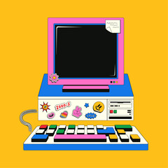 Retro computer in trendy y2k style. Nostalgia for the 2000s, 90s. Colorful vector illustration of a teenage computer covered with stickers.