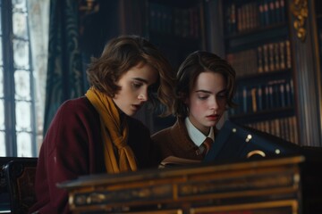 Two women are sitting at a desk looking at a book