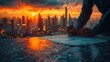 © MINDEYEVISION - Real estate and land investor analyzing property data both reviewing documents and charts, with a cityscape view in the background