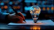 © MINDEYEVISION - Creative business women sitting and brainstorming, close-up of hand with a digital bright light bulb and brain image