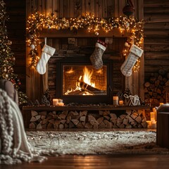 Poster - A cozy living room with a fireplace and a Christmas tree