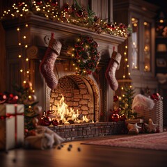 Poster - A fireplace with a wreath and stockings on it