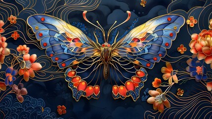 A butterfly with blue and gold patterns among detailed floral embroidery on a dark background.